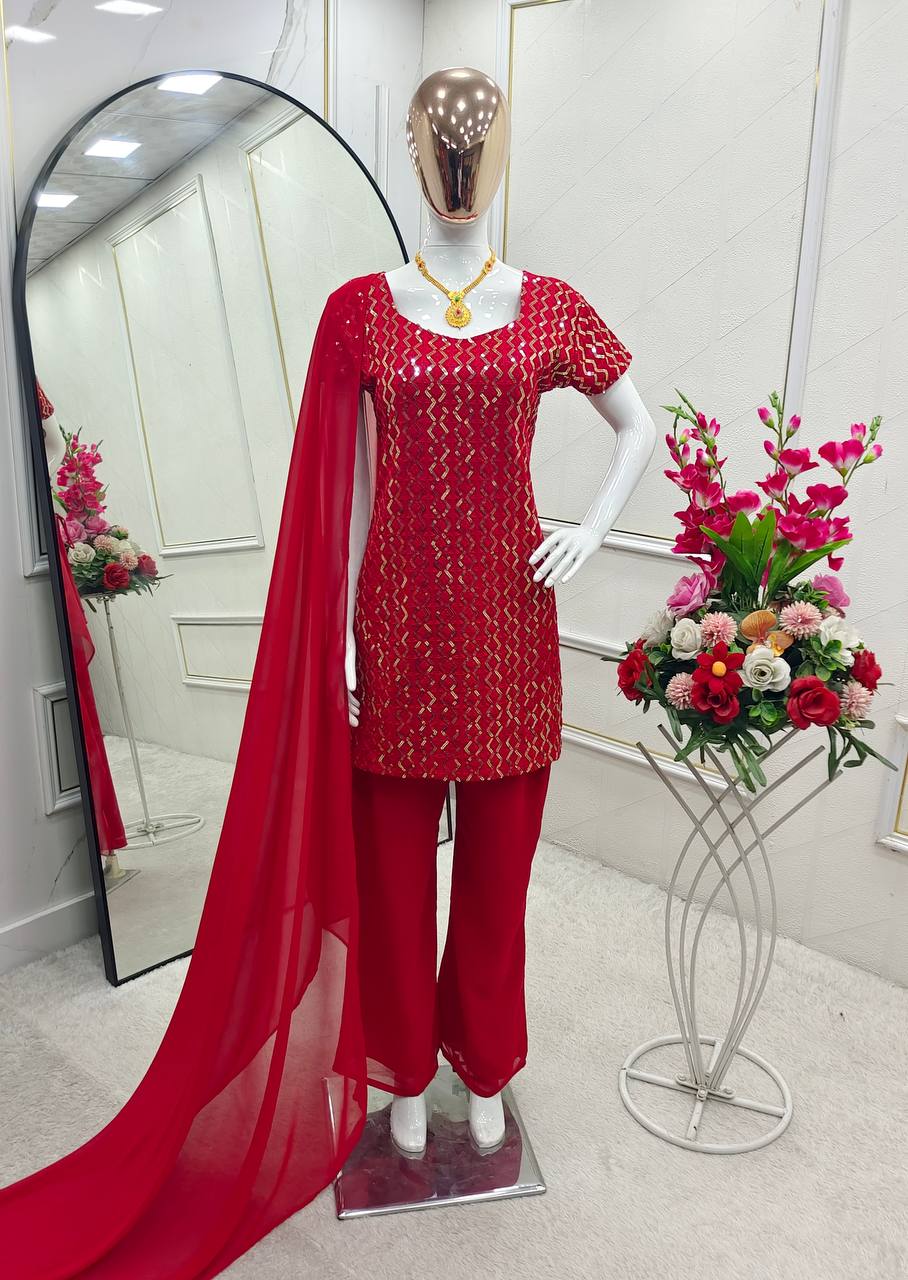 Pure Fox Georgette Embroidered Top, Palazzo & Dupatta Set – Ready to Wear Party Look I DNo.1102