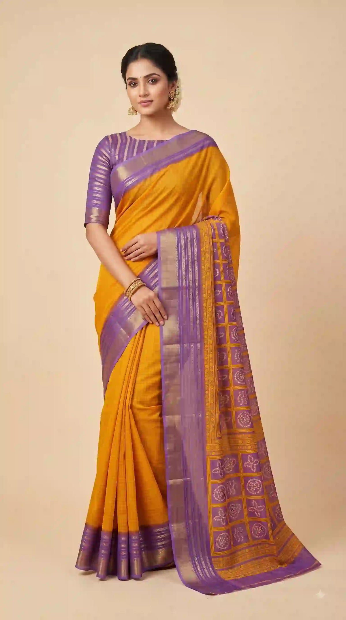 Mustard yellow Mysore silk check saree with purple zari border – front view