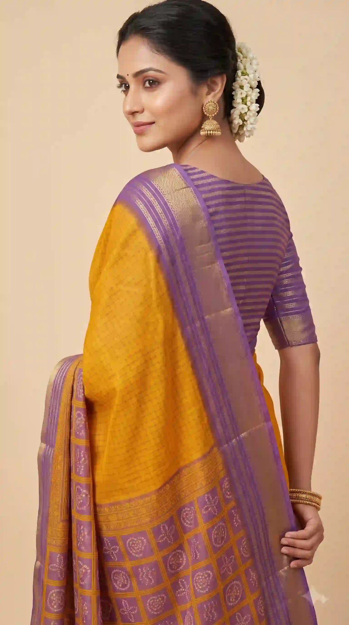 Mustard yellow Mysore silk saree – back view