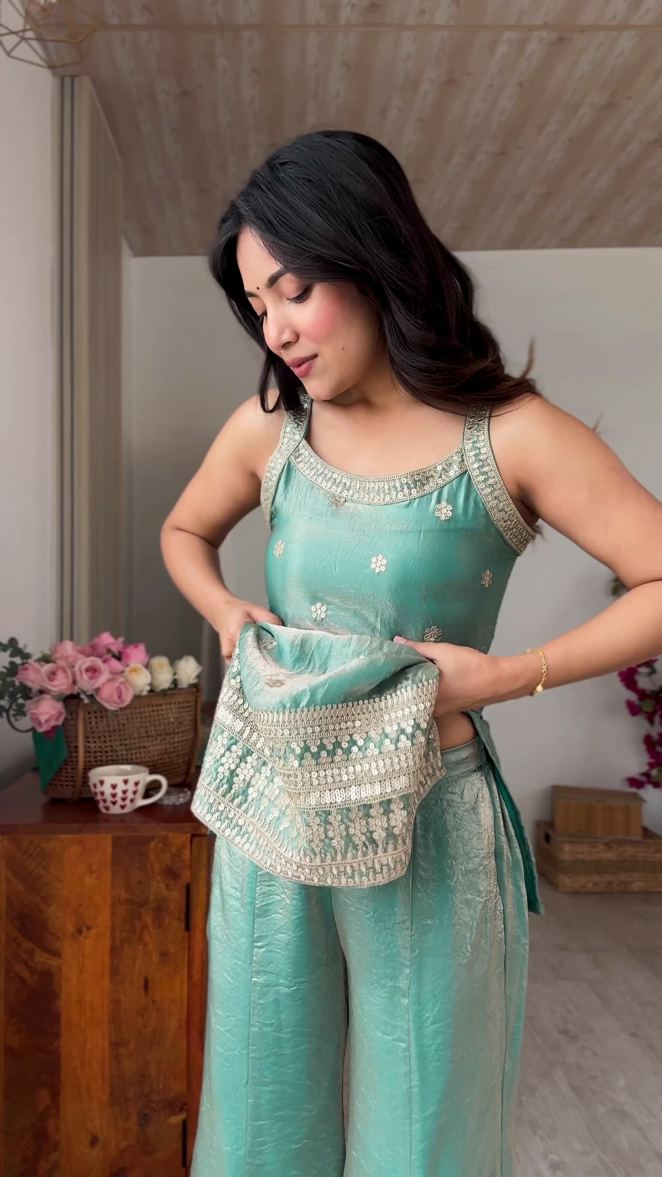 Designer Trendy Silk Embroidered Kurta Palazzo Set with Dupatta for Women | Sequence, Dori & Zari Work | RO1170