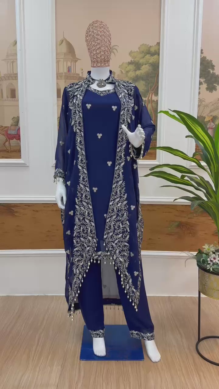 Embroidered Faux Georgette 3-Piece Kurti, Koti & Pant Set for Women (ST-1151_1250)