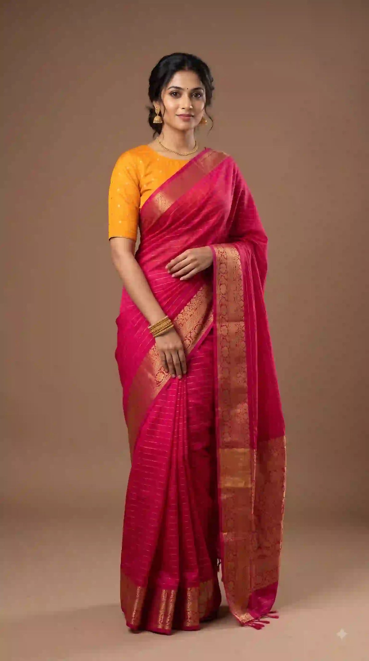 Rani pink Dola silk saree with zari border and mustard blouse – front view