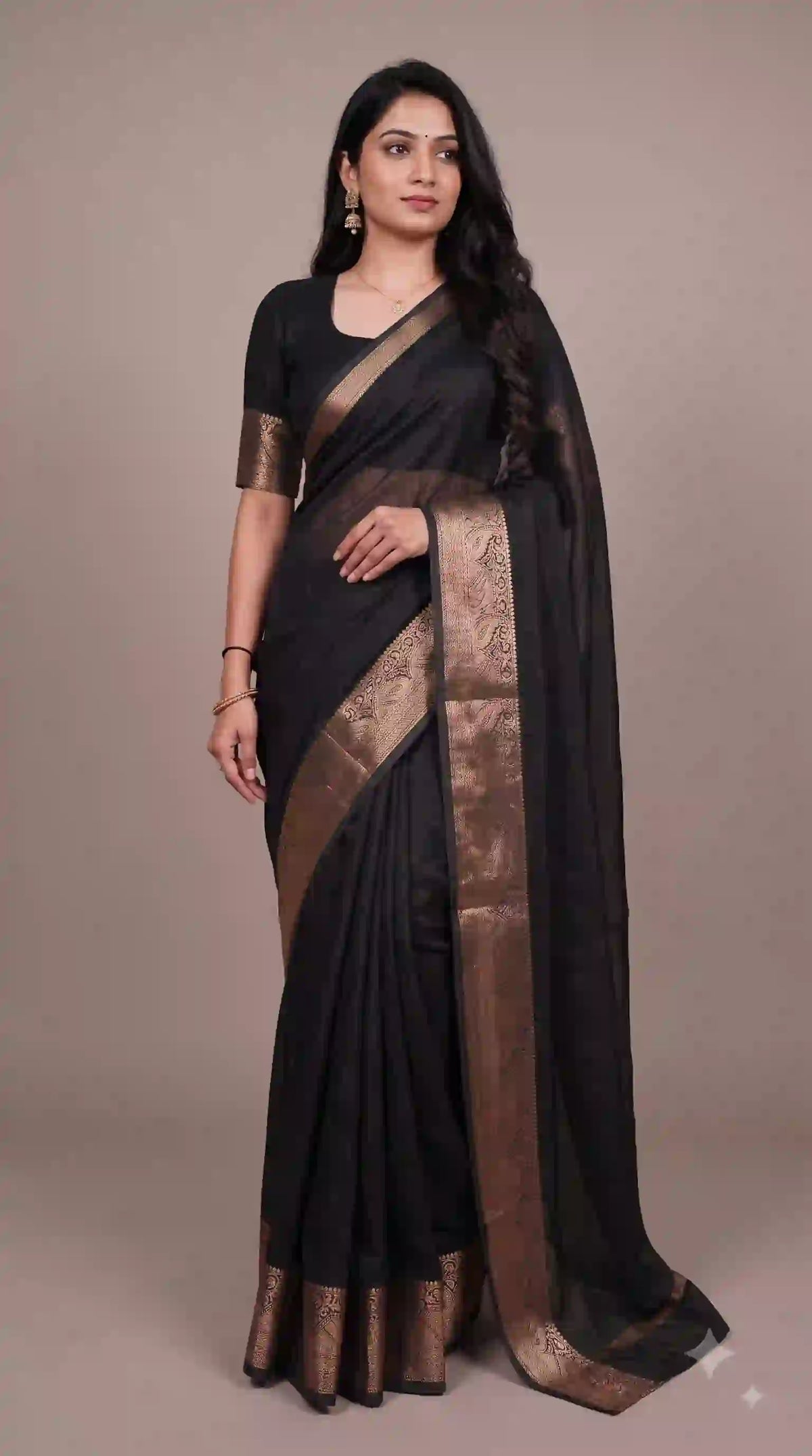 Black marshmallow saree with gold zari border – front view