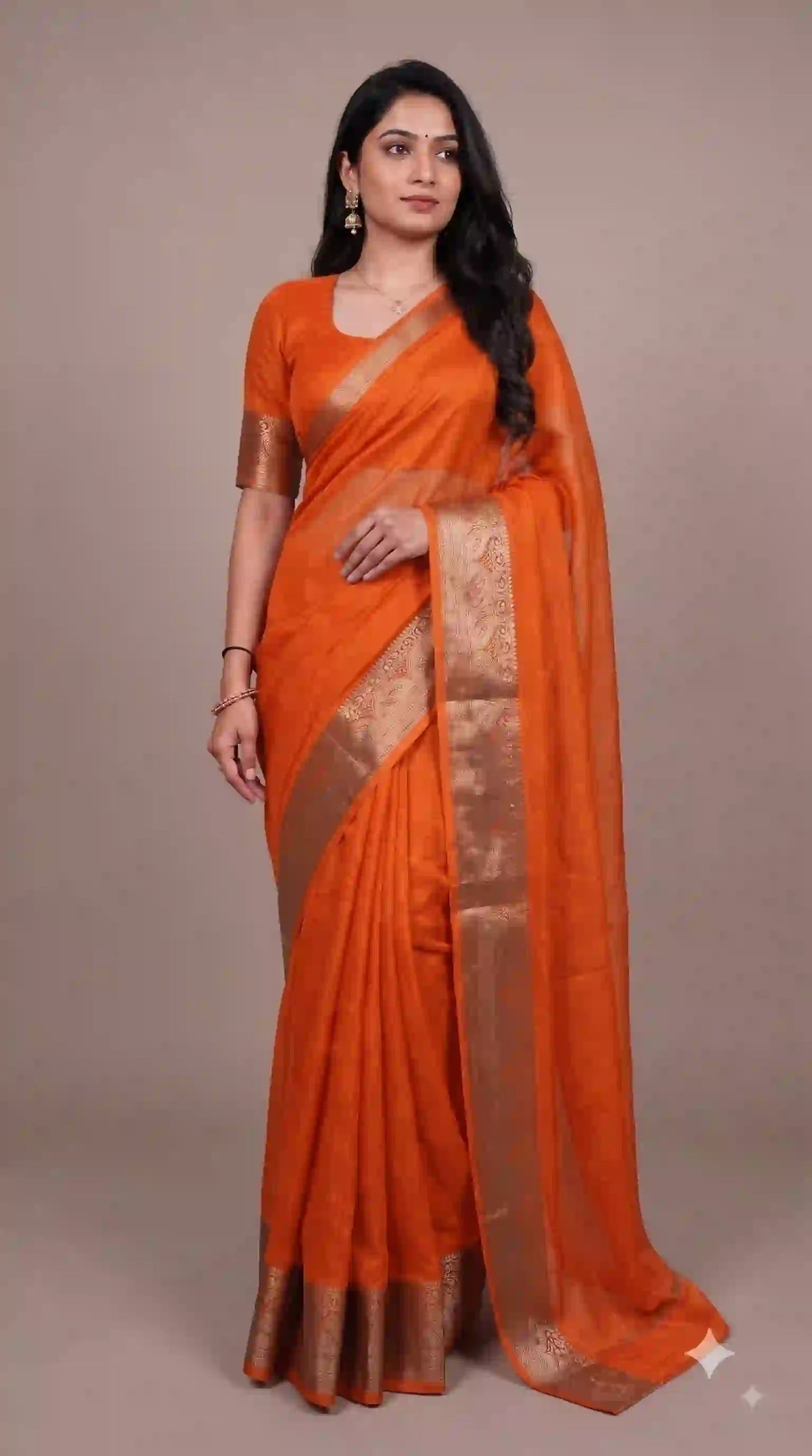 Orange marshmallow saree with gold zari border – front view