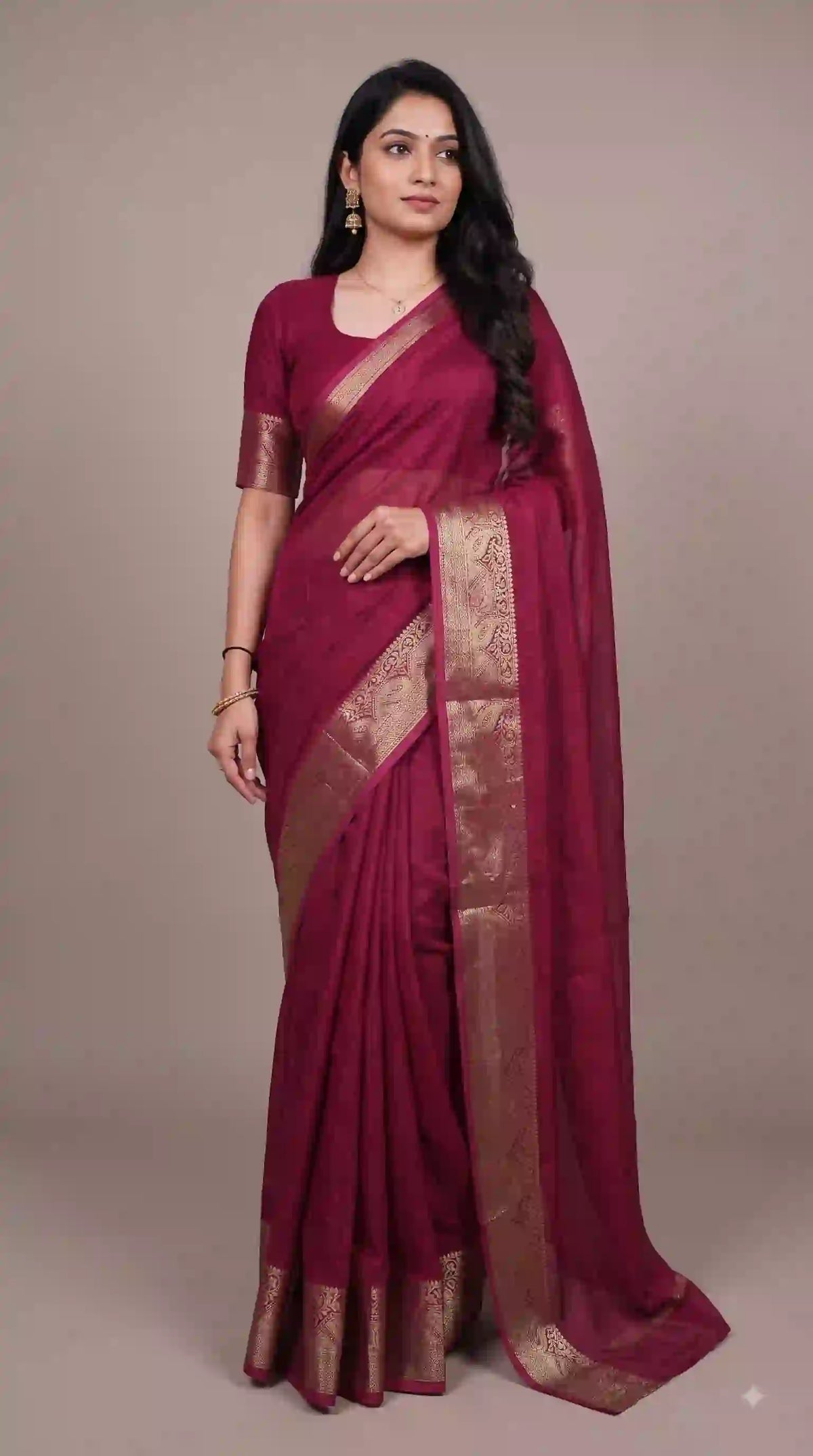 Wine marshmallow saree with gold zari border – front view