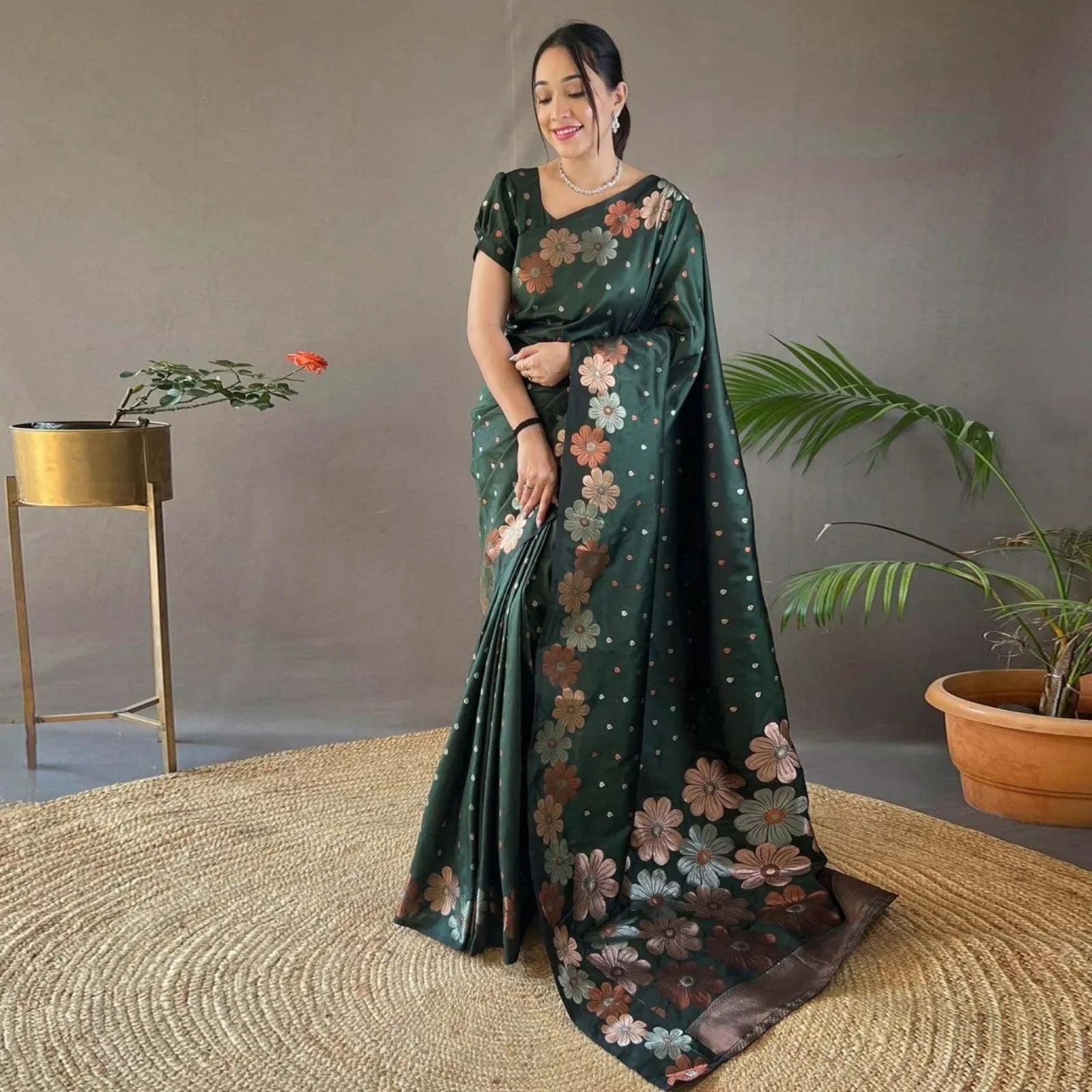Stunning Soft Lichi Silk Saree With Rich Pallu & Jacquard Blouse
