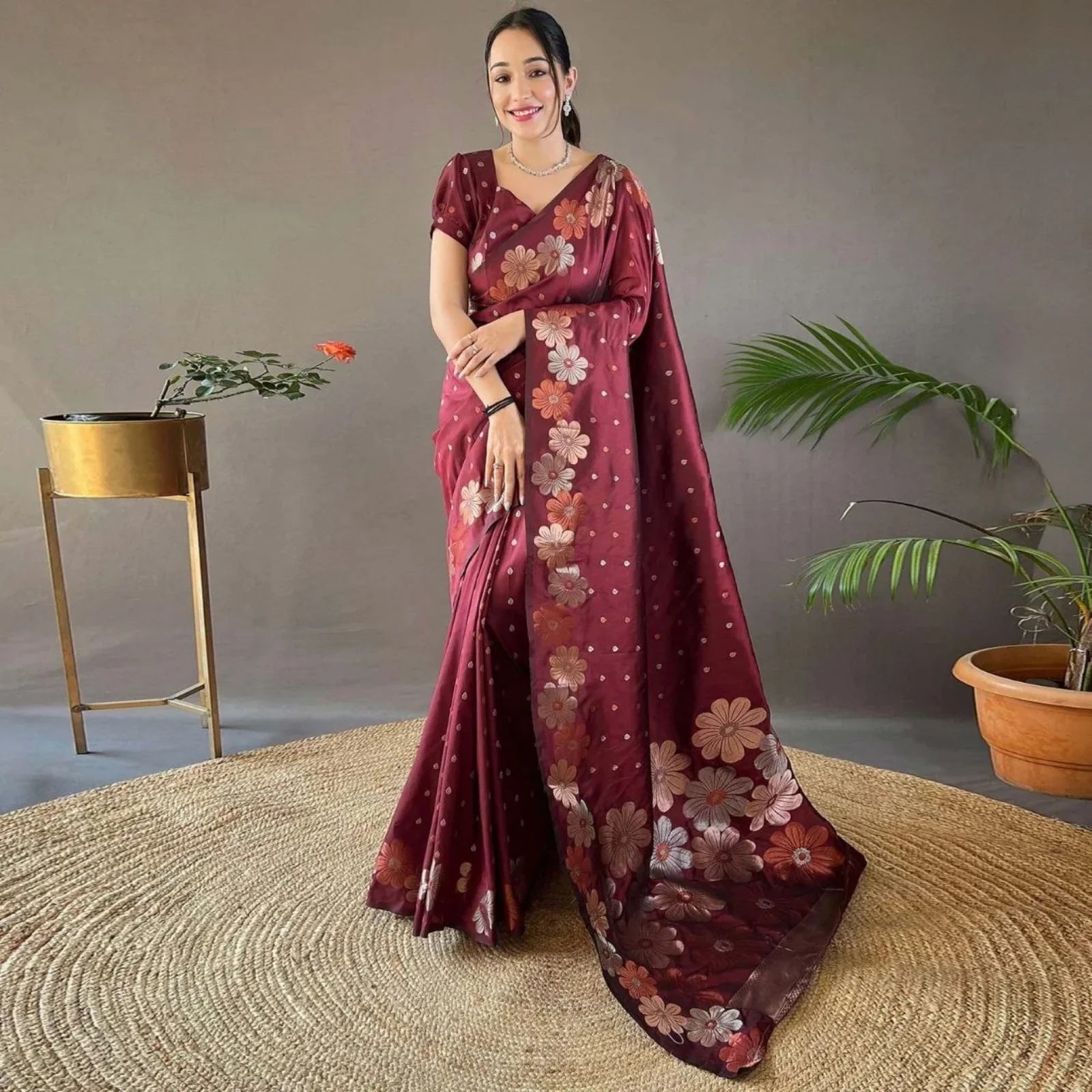 Stunning Soft Lichi Silk Saree With Rich Pallu & Jacquard Blouse