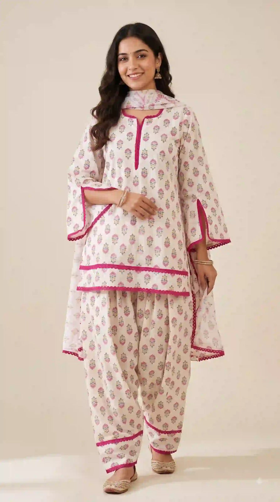 White and pink floral crepe suit set with farshi pant and dupatta – front view
