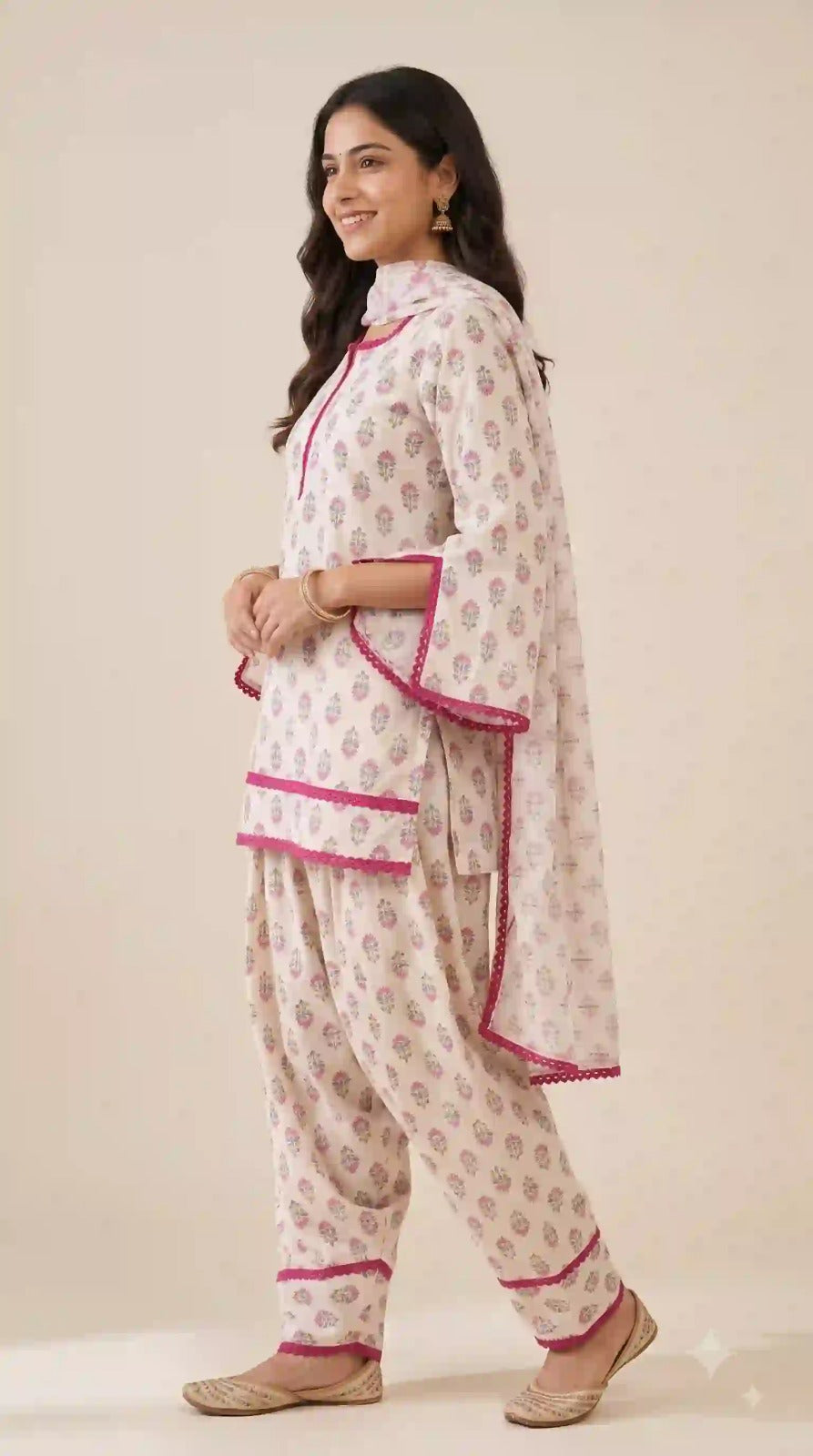 White and pink floral crepe suit – side view