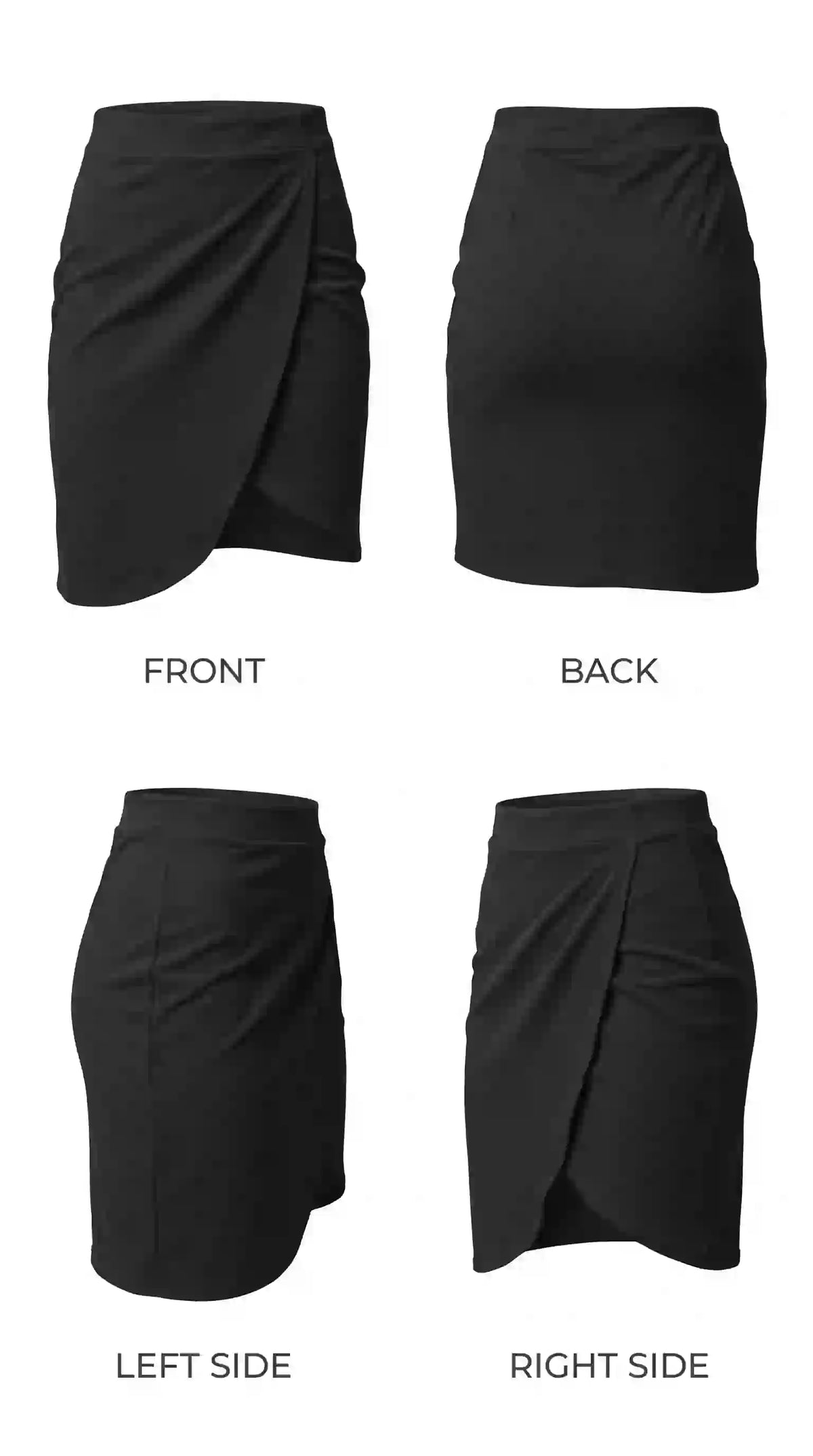 Black wrap-style mini skirt – front, back and side views | TIGIQ