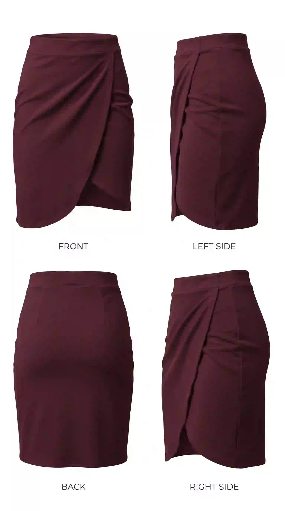 Maroon wrap-style mini skirt – front, back and side views | TIGIQ