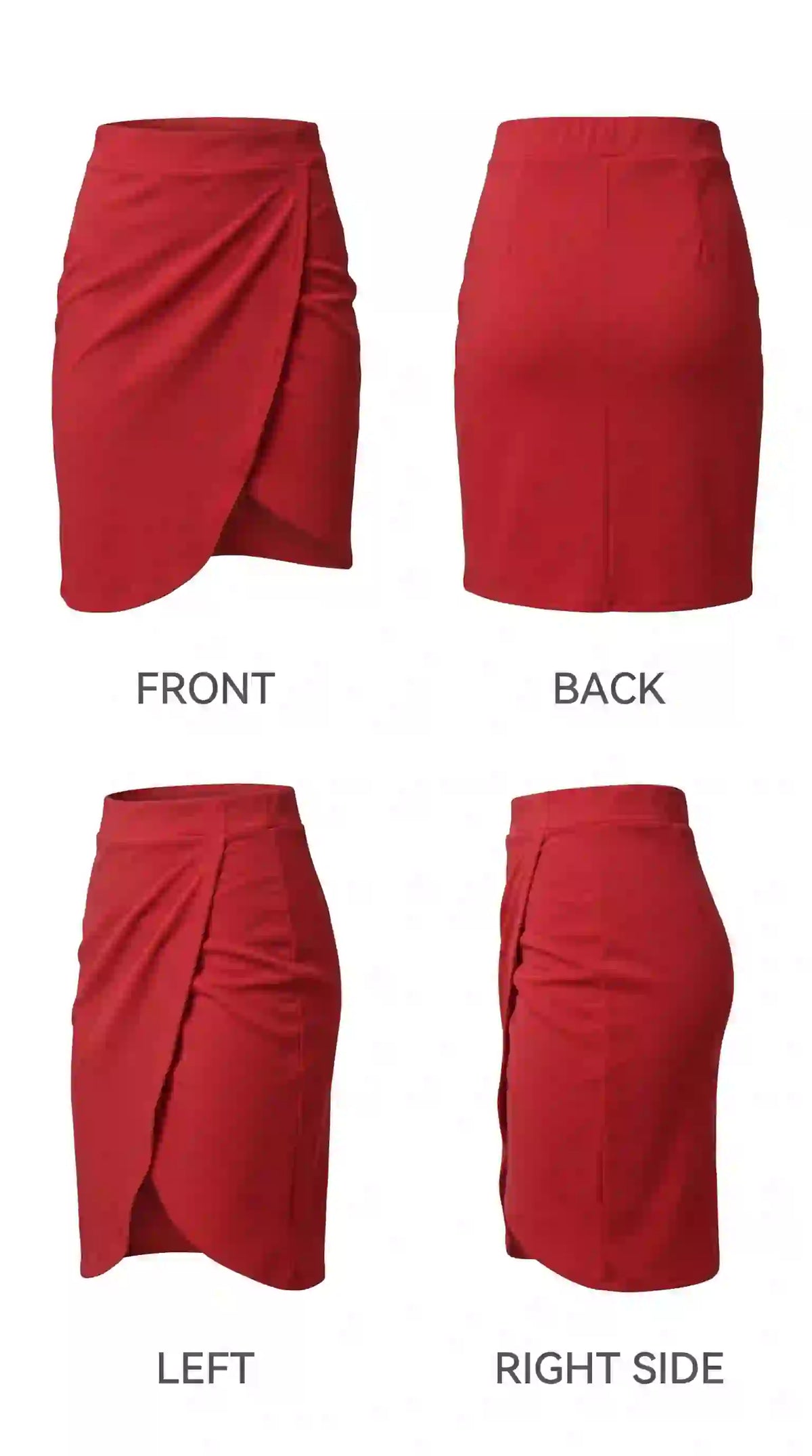 Red wrap-style mini skirt – front, back and side views | TIGIQ